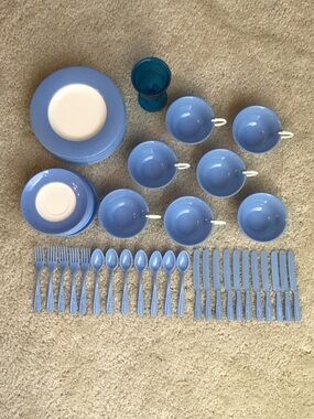 51 Piece Vintage Banner Toy Tableware Set with Flatware, Blue/White